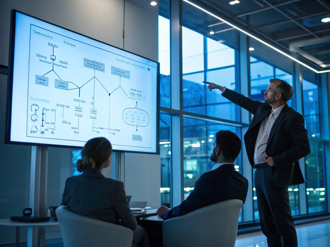 An image of a consultant presenting data and strategies to a client in a modern office setting.