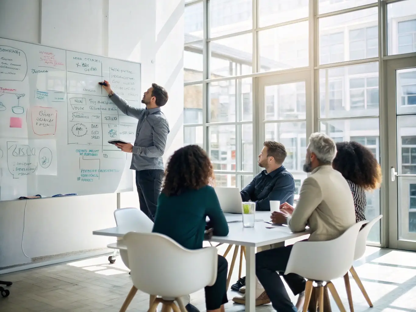 A consultant facilitating a workshop with a client team, fostering collaboration and problem-solving to develop innovative solutions and build internal capabilities.