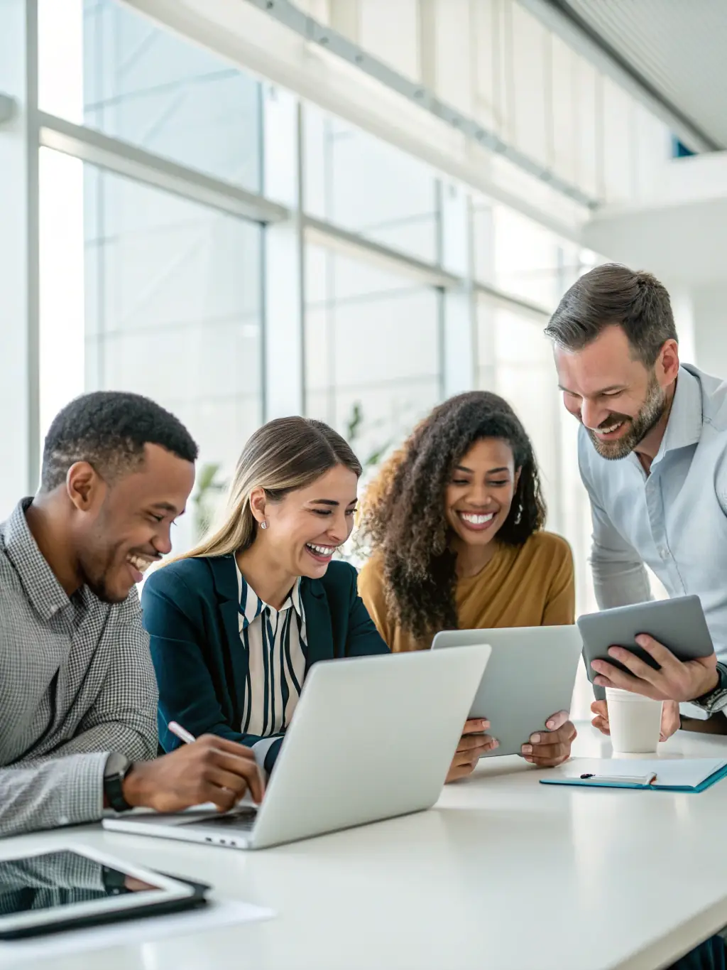 A diverse team of administrative professionals collaborating in a modern office, showcasing the expertise and dedication of VFB Consulting Corp LLC.