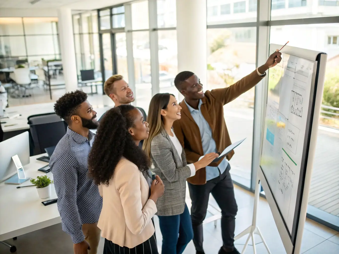 A diverse team of business consultants collaborating in a modern office setting, brainstorming ideas and strategies for a client project. The atmosphere is energetic and focused, reflecting the expertise and dedication of VFB Consulting Corp LLC.